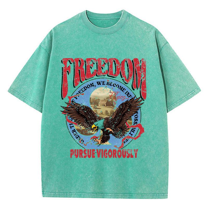 Street Women Washed T-Shirts Freedom Pursue Vigorously Printed Tee Shirts Comfortable Cotton Oversize Tees Summer Clothes