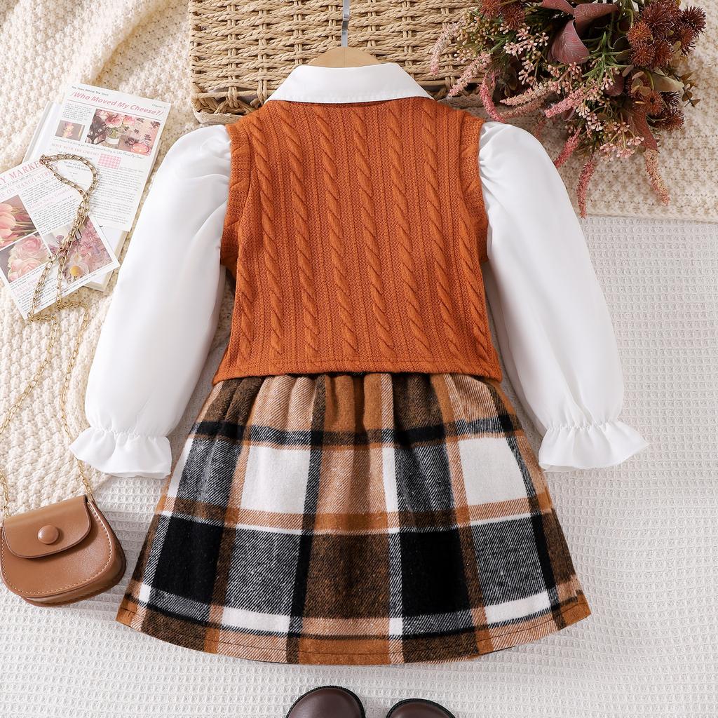 Spring and Autumn Children's Casual Long-sleeved Shirt + Plaid Skirt + Sweater Vest Three-piece Suit