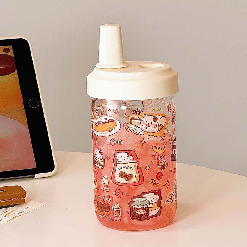 Kawaii Glass Water Bottle For Girls With Straw New Bubble Juice Milk Tea Cup Student Heat-resistant Glass Drinking Bottle 500ML