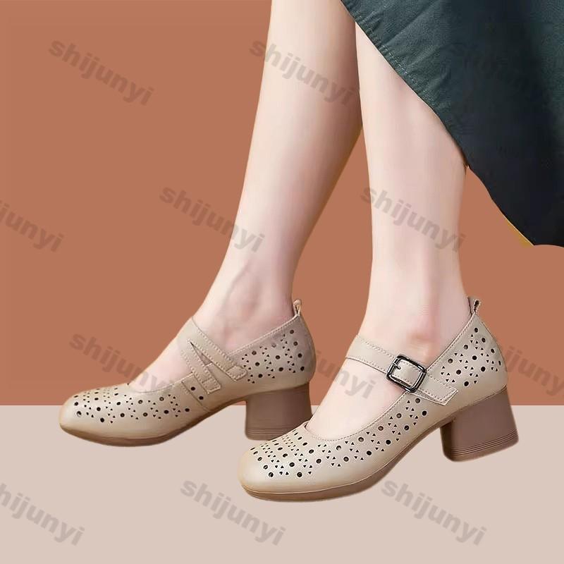 Fashion Elegant Medium Heel Women's Shoes Summer Autumn Fashion Buckle Strap Vintage Hollow Sandals Comfortable Non Slip Mary Jane Shoes