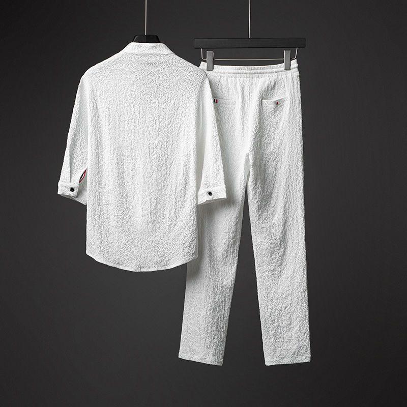 Vintage Button Men's Two Piece Set Summer Casual Shirt Pants Suits Outfit Men Solid Color Tracksuit Leisure Clothing