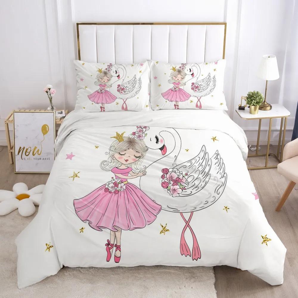 

Fashion Princess Swan Printed Down Quilt Cover Cartoon Children S Bedding Set Soft And Comfortable Down Quilt Cover Pillowcase EU Single(135*200cm)3pcs