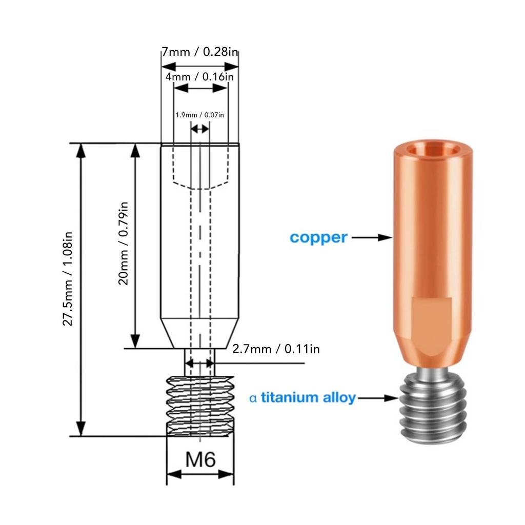 2Pcs 3D Printer Throat Nozzle Ti Alloy Copper Bimetal for Ender 3 3 V2 3 Pro Hotend
