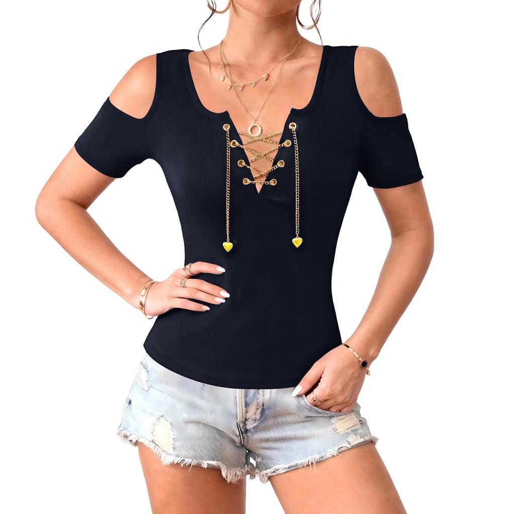 Womens Spring Tops Lace Up Cold Shoulder Design Summer Shirts for Women Casual Short Sleeve Womens Summer Shirts