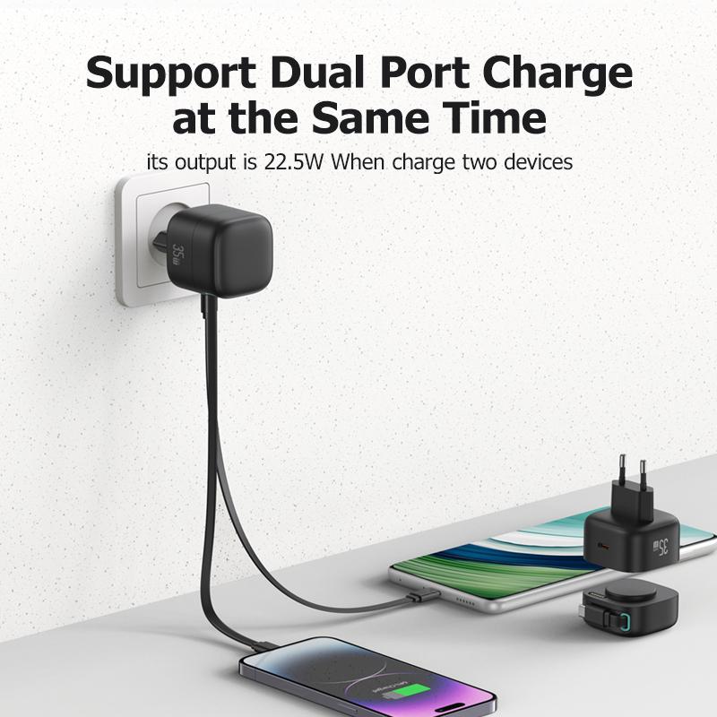 New EU US UK Plug Retractable Magnetic USB GaN Charger 35W Type C PD Fast Phone ChargerBuilt Quick Charge Cable For Travel
