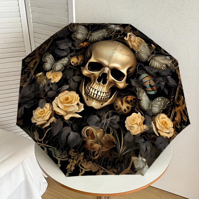 1PC Skull Flowers Umbrella-8-Rib Reinforced, Automatic Open, Lightweight & Durable, Fashion Accessory for Outdoor-D318