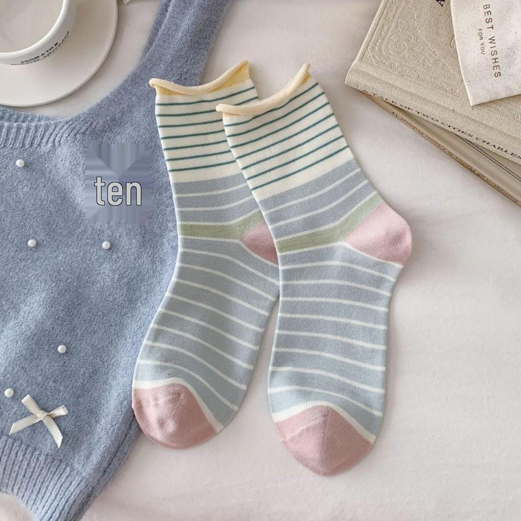Korean Style Stripe & Ruffle Mid-Calf Socks - Versatile, Sweet, and Colorful Cotton Socks
