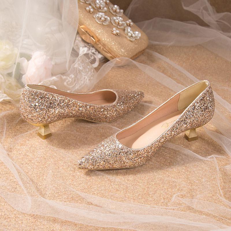 Crystal wedding shoes 22 years old new golden show main wedding dress two wear bridesmaid high heels bride shoes are not tired