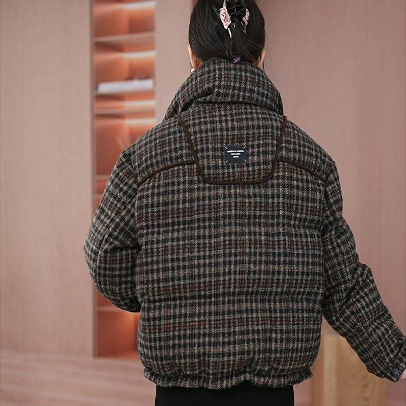 Thickened Warm Winter Plaid Cotton Jacket for Women Loose Casual Slimming Versatile Basic Outerwear Padded Coat