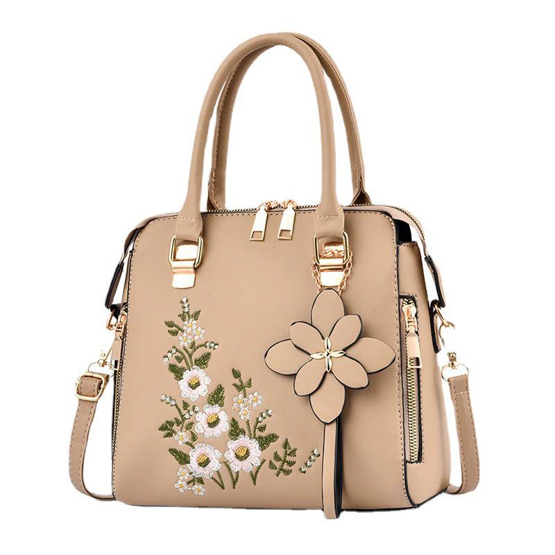 Women Floral Embroidered PU Leather Tote Bag, Luxury Designer Top-Handle Handbag with 3D Flower Charm, Adjustable Crossbody Shoulder Bag