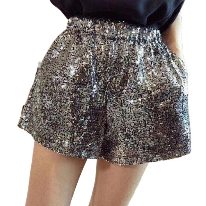 Women's Glitter High Waist Shorts - Loose Fit A-Line Wide Leg Sparkly Party Shorts