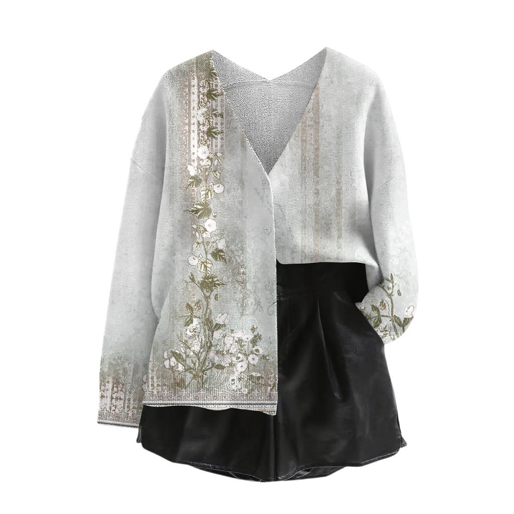 Women's V Neck Top Printing Thickened Plush Cashmere Warm Long Top