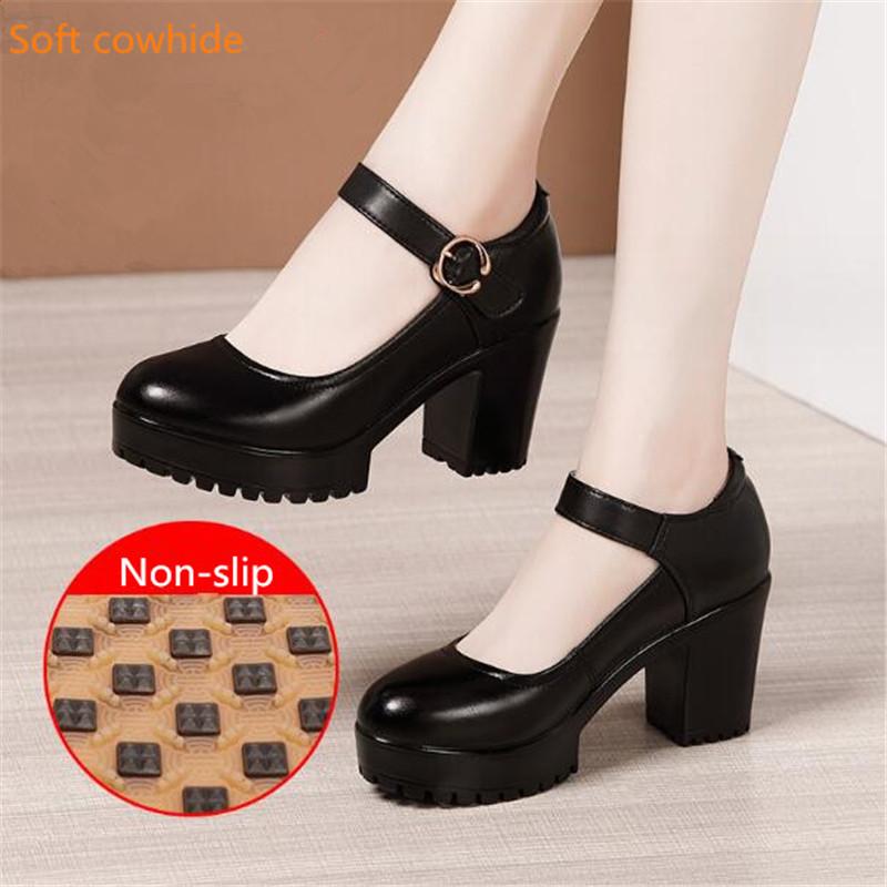 Fashion Size 32-43 Silver Red Wedding Shoes Soft Cowhide Women Thick High Heel Shoes Chunky Platform Pumps Comfort Woman Office Shoes