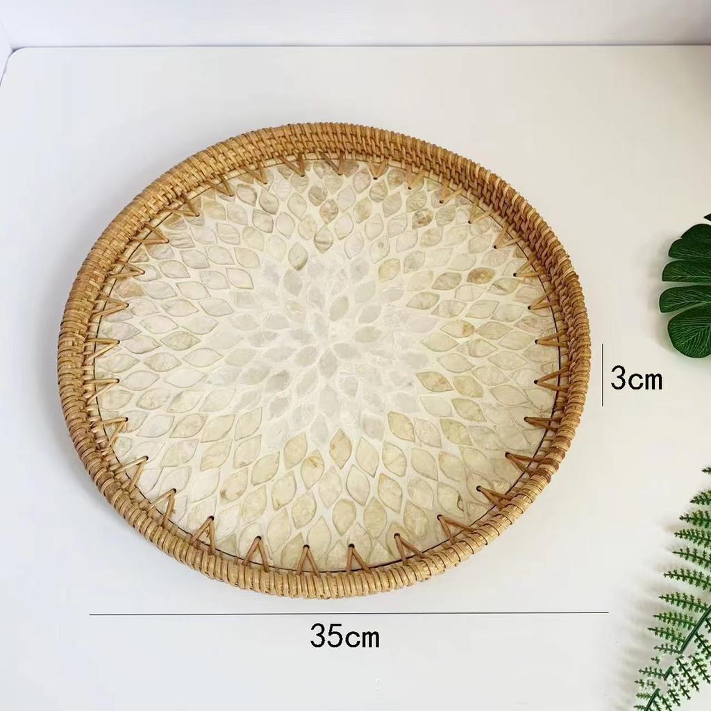Korean Handmade Rattan Round Shell Tray Household Cake Bread Breakfast Basket Snacks Dried Fruit Plate Home Decoration Ornaments
