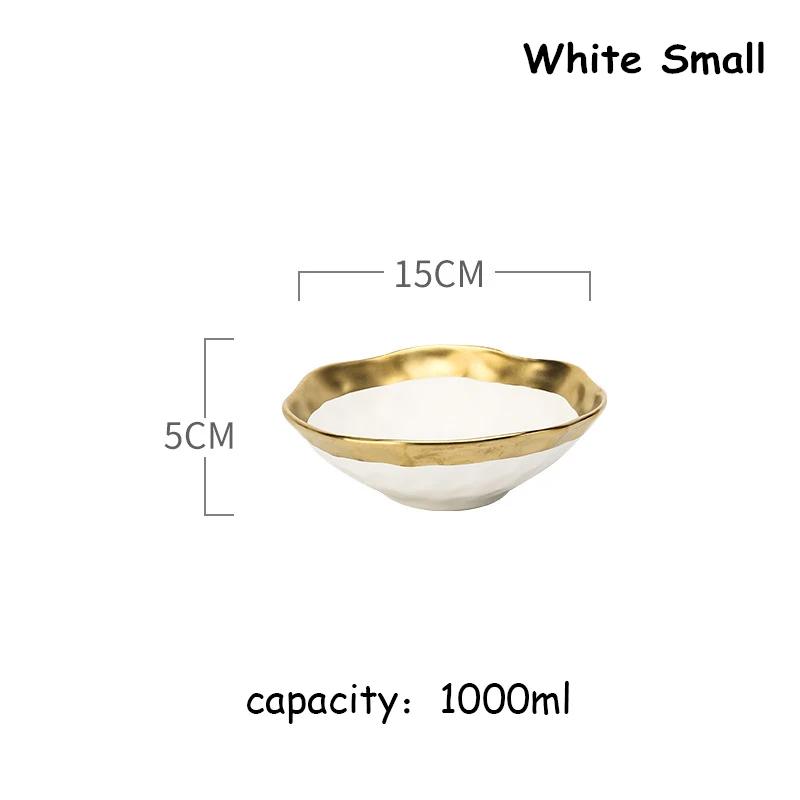Ceramic White Steak Plate With Gold Edge Breakfast Tray Retro Bowl Dessert Pasta Dishes Western Food Container Ramen Bowl 1pcs