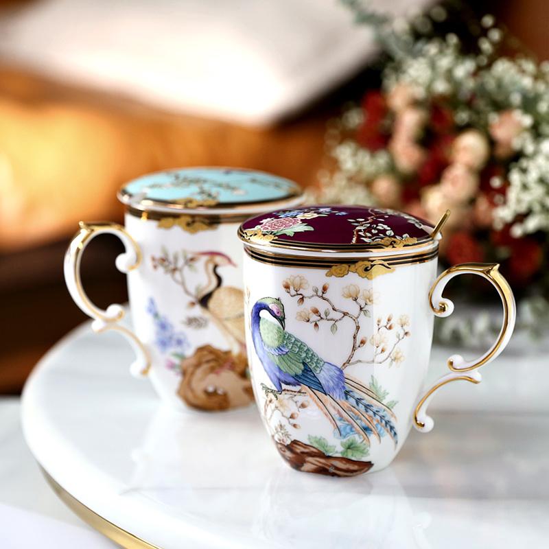 400ml Luxury High-Grade Bone China Chinese Style  Tea Cup with Lid Spoon Ceramic Flower Bird  Mug drinkware Gifts