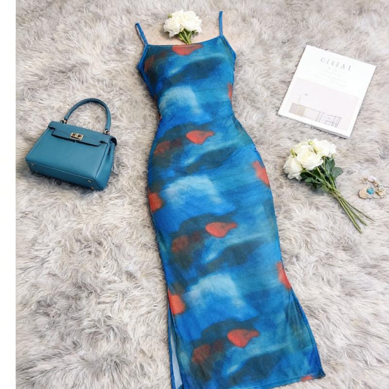 High Sense Retro Spice Girl Waist and Hip Skirt New Pure Desire Wind Suspender Dress Women's Long Dress Tie-dye