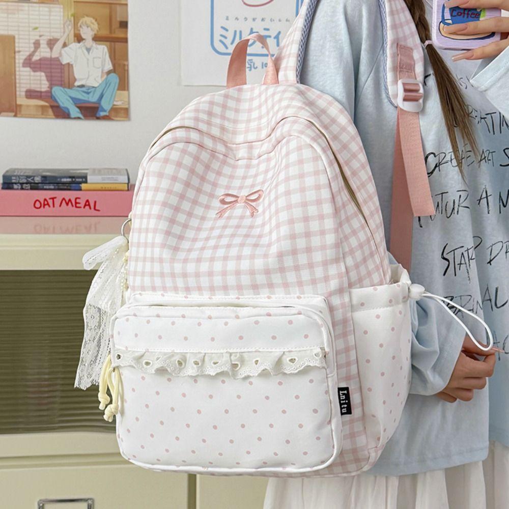 Sweet Polka Dot Backpack Plaid Student School Bag Fashion Lace Trim Rucksack Outdoor Use