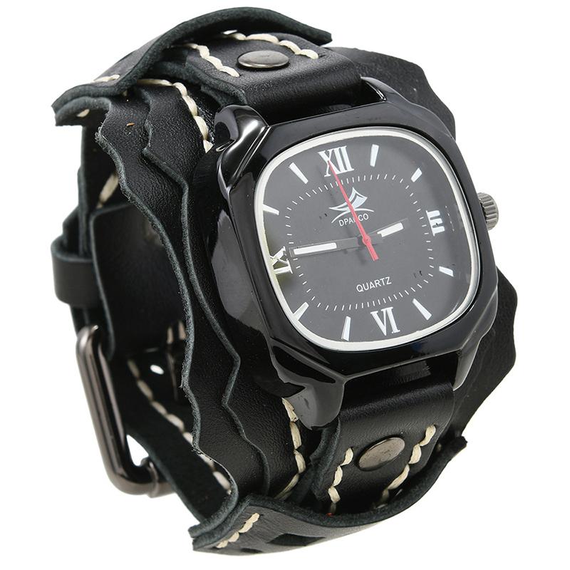Punk Rock Style Men'S Quartz Watch - Hand-Stitched With Triple-Layer Leather Strap