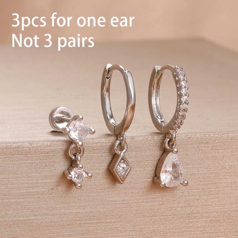 3 Pieces Stainless Steel Hoop Earrings Set For Women Crystal Zircon Huggie Flower Water Drop Trendy Earring Piercing Jewelry