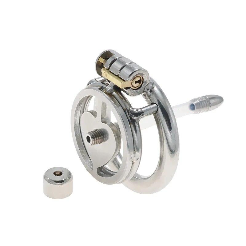 Stainless Steel Chastity Lock CB Lock for Men Penis Cage with Urinary Catheter Gay Slave Cock Ring Sex Toy Ball Stretcher