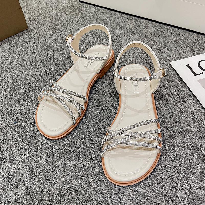 

2025 summer new shoes beach shoes flat sandals women wear rhinestones fashion versatile soft sole 41