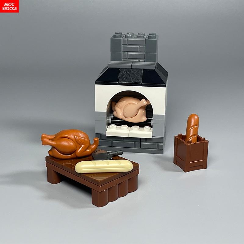 MOC Mattoncini Forno Cucina Pollo arrosto Cibo Pizza Cottura Panino ripieno al vapore Blocchi da costruzione Città Amici Giocattoli fai-da-te per Bambini
