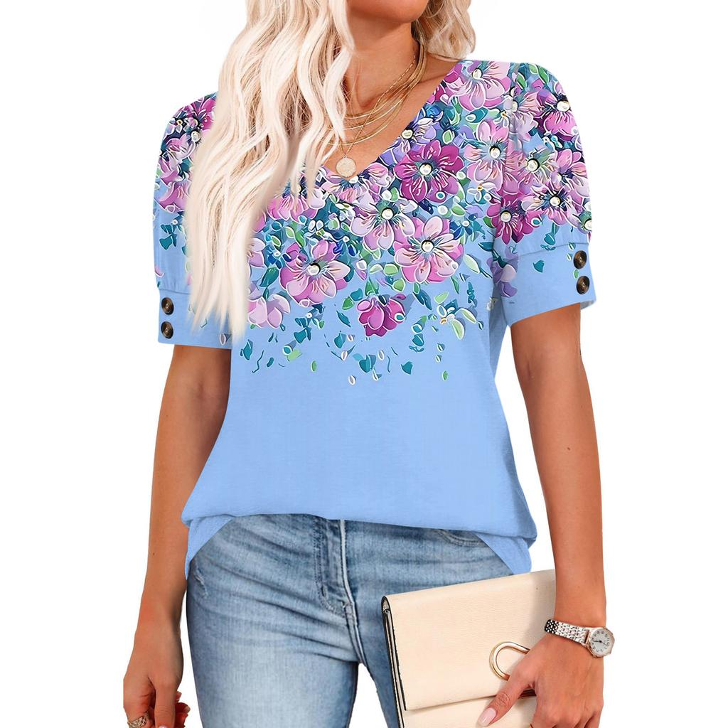 Womens Tops Short Sleeve Shirts Buttons V Neck  Fashion Outfits  Blouses  Casual