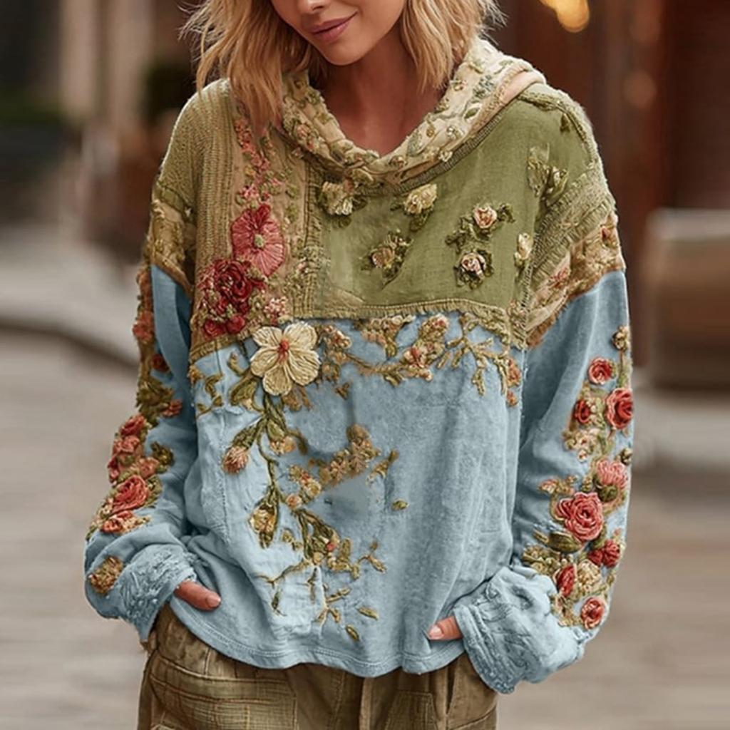 Women's Fashion Long-Sleeve Hooded Vintage Patchwork Floral Print Casual Sweatshirt Top