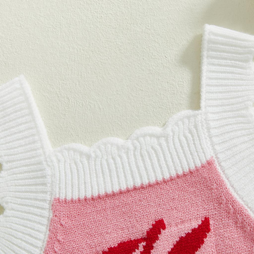 Dívčí jarní/letní pletený overal bez rukávů s volánky a třešňovým potiskem