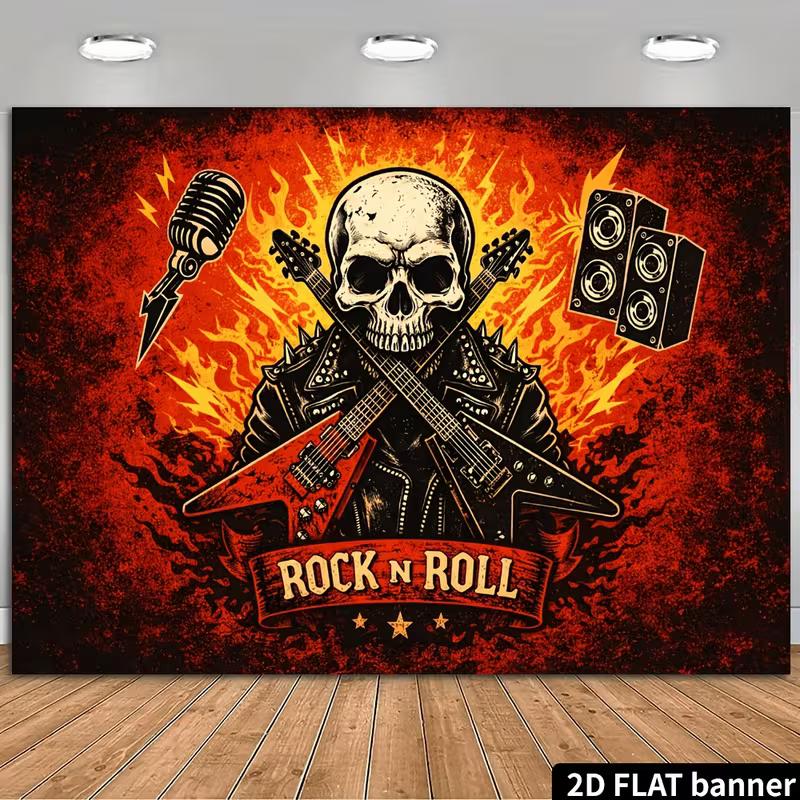 2D Red Grunge Flame Punk Skull Background for Retro Rock Concert Event Decor 47.2x31.5inch/120*80cm