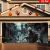 2D flat, 1 large Halloween garage door flag - zombie apocalypse decoration with tattered shirt zombie, horror scene background