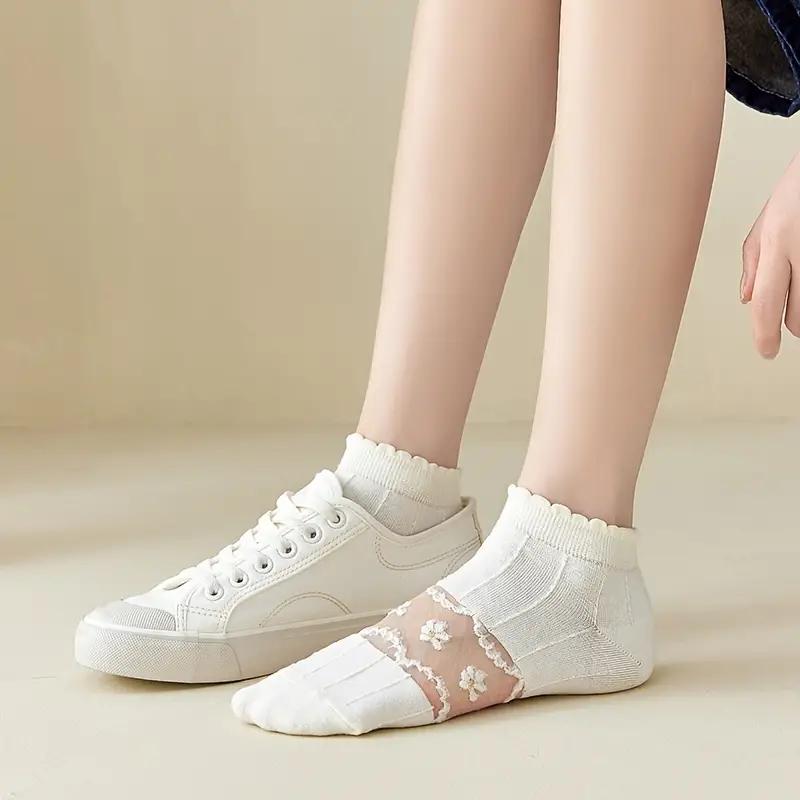5pairs Retro Cottage Style Textured Floral Socks , Ruffle Trim Cute Socks For Dresses , Women's Stockings & Hosiery