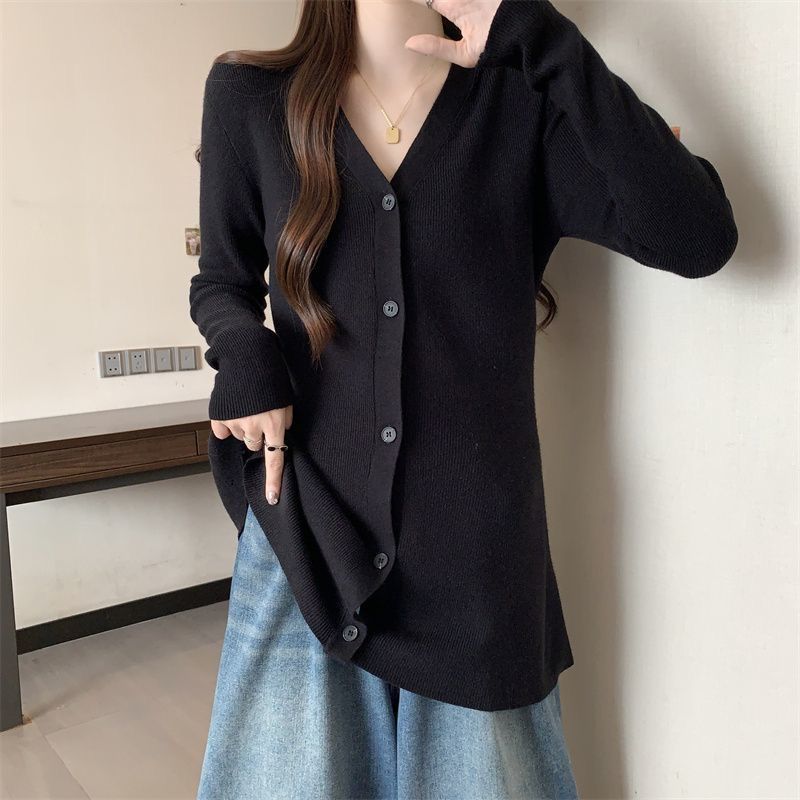 

Новый весенне-осенний трикотаж Женственный V-образный вырез Свободный и универсальный кардиган средней длины Базовый топ S чёрный