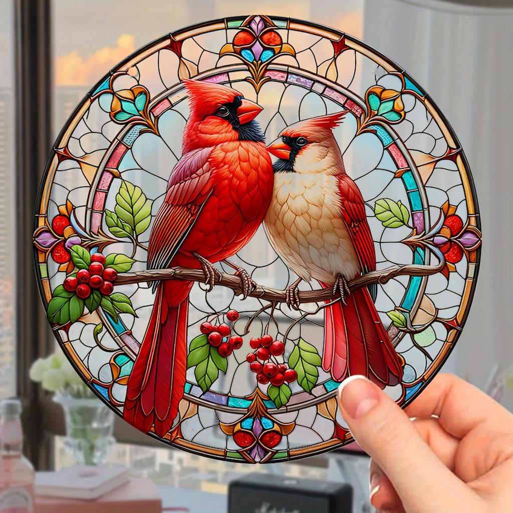 Red Cardinal Suncatcher. Stained glass style acrylic for bird lovers & home decor.