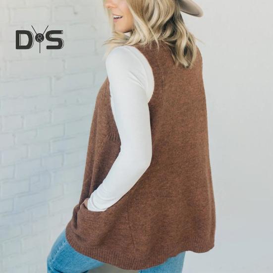 Women Sweater V-neck Sleeveless Solid Color Knitting Vest with Pockets Ribbed Trim Loose Fit Mid-length Casual Knitwear