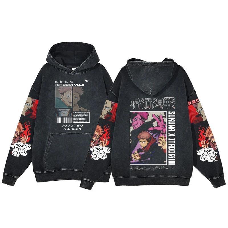Anime Jujutsu Kaisen Ryomen Sukuna Print Washed Hooded Men Manga Vintage Hoodies Casual Cotton Streetwear Harajuku Sweatshirt