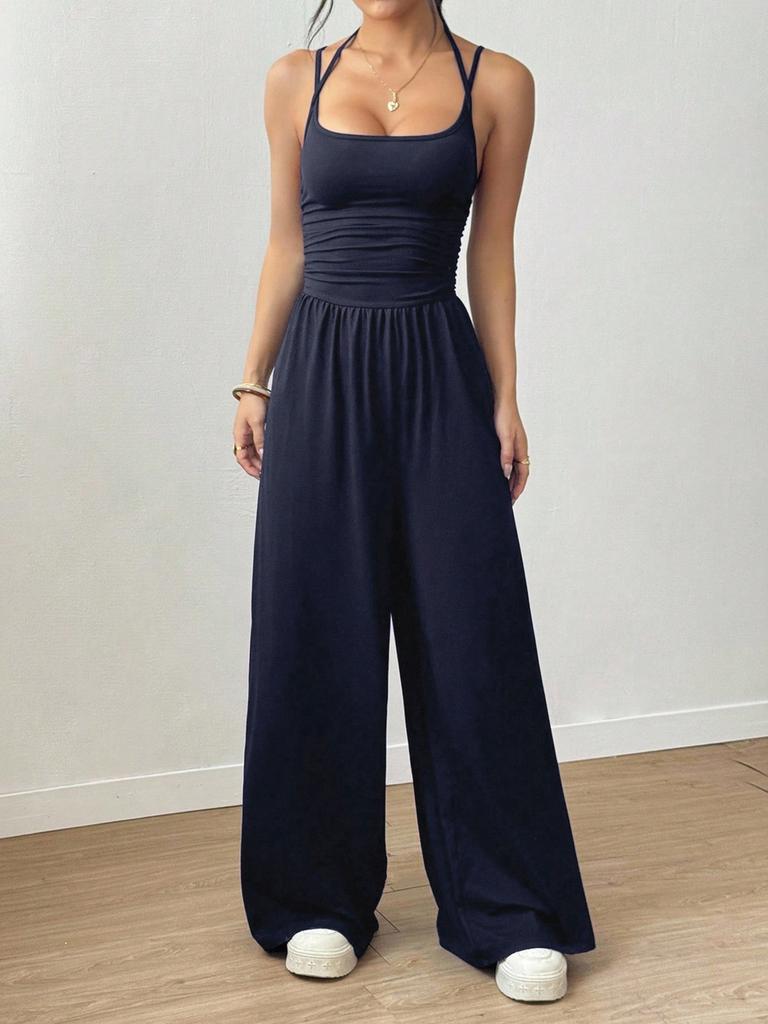 Combinaison d'été à bretelles pour femme, style wrap décontracté, body, jambe large, coupe ample