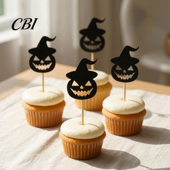 Halloween Cupcake Toppers 8 Pcs Toppers, Black Glitter Witch Hat Pumpkin Cake Topper Picks for Party Supplies, Birthday Decoration Dark