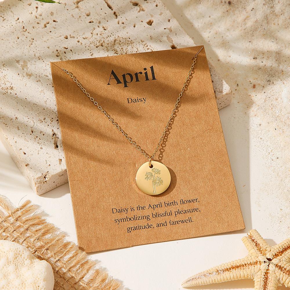 December Floral Pendant Necklace Exquisite Engraved Golden Circular Coins In Minimalist Layered Chain Jewelry Gift for Women