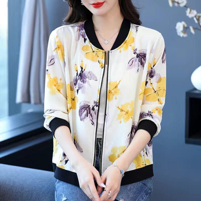 2026 Summer Plus Size Chiffon Sunscreen Coat for Middle-Aged Women - Lightweight Printed Jacket