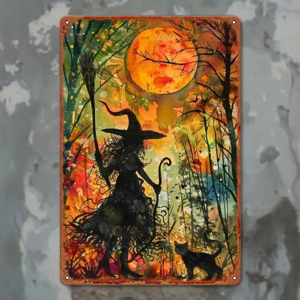 Witch Cat Forest Halloween Sign Metal Tin Sign 20x30 cm Wall Decor