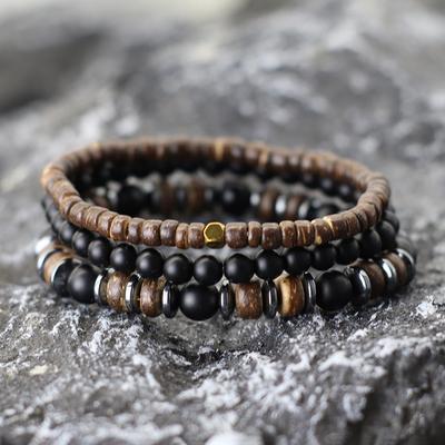 Simple Handmade Beaded Bracelet Set of 3 Coconut Shell Wood Black Frosted Beads Men Braclet Meditation Healing Retro Hand Jewel