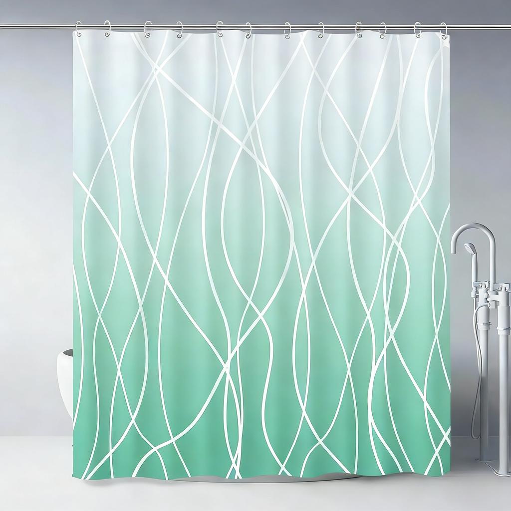 Modern Teal Gradient Wavy Line Art Waterproof Shower Curtain