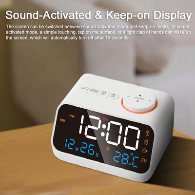 Multifunctional Alarm Clock with FM Radio Rechargeable LED Digital Clock with Temperature and Humidity Display Sound-Activated