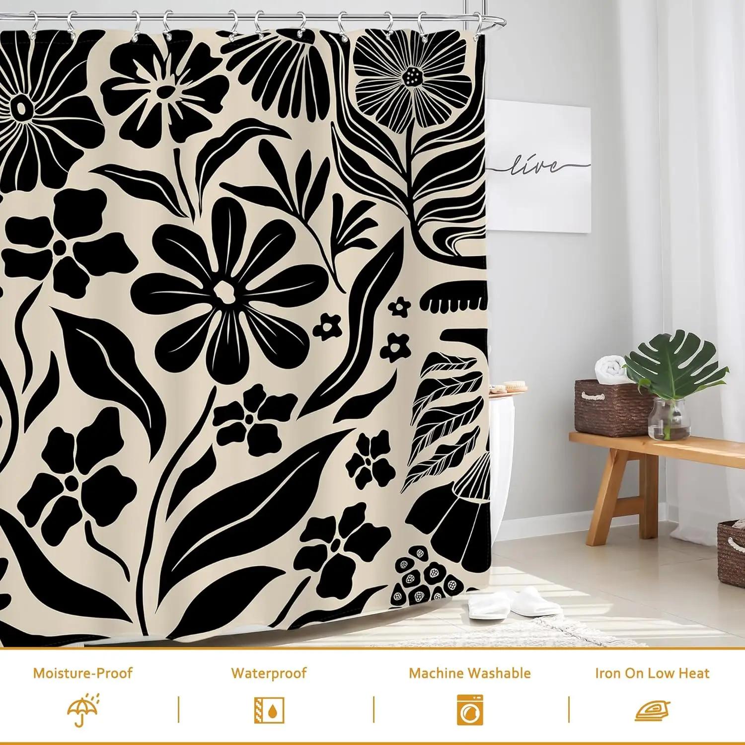 Exquisite Fashion Items Black Vintage Bohemian Abstract Floral Shower Curtain Modern Bathroom Bath Accessories Home Decorative Shower Curtain