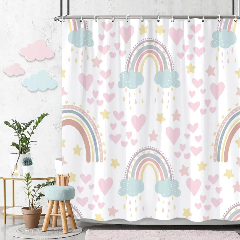 Rainbow Shower Curtain Colourful Cute Bohemian Abstract Print Kids Shower Curtain Polyester Fabric Art Bathroom Decor With Hooks