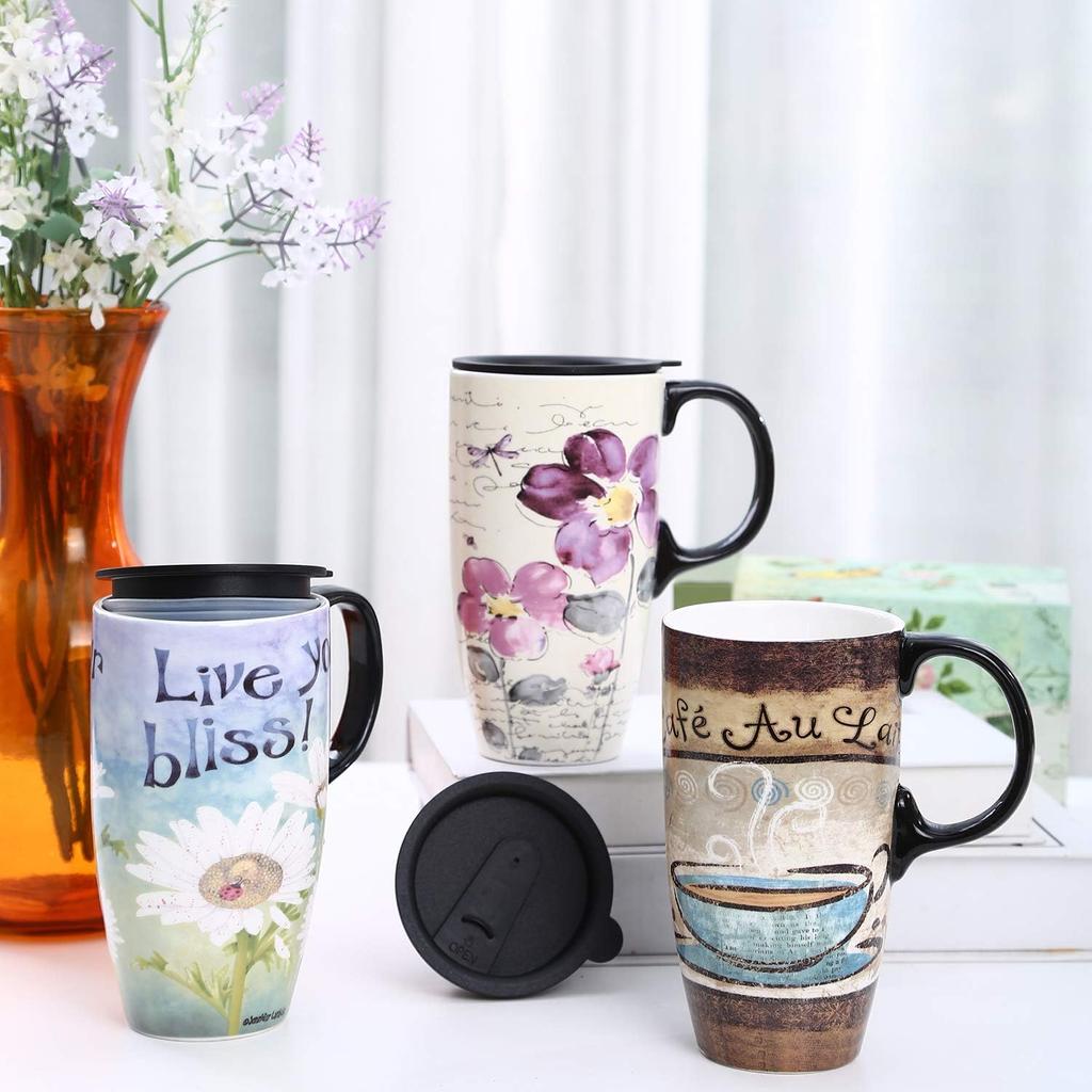 Tall Ceramic Travel Mugs 17 Oz. Sealed Lid With Color Box and Handle Coffee Cup