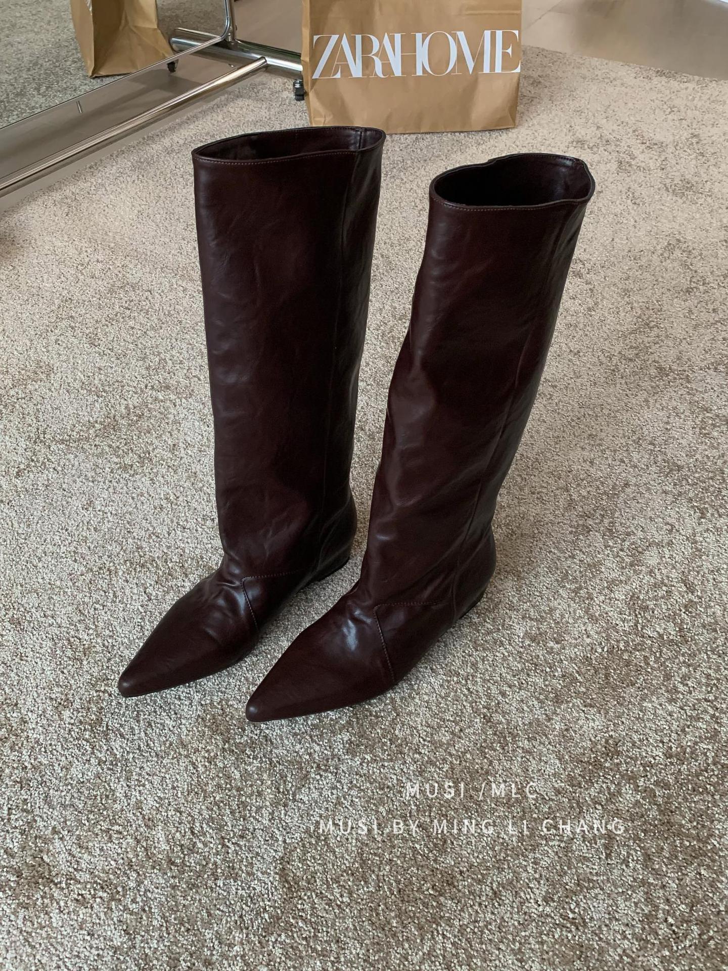 

2025 autumn and winter new inner heightening knight boots long boots pointed but knee long boots children s folds pile boots women 39