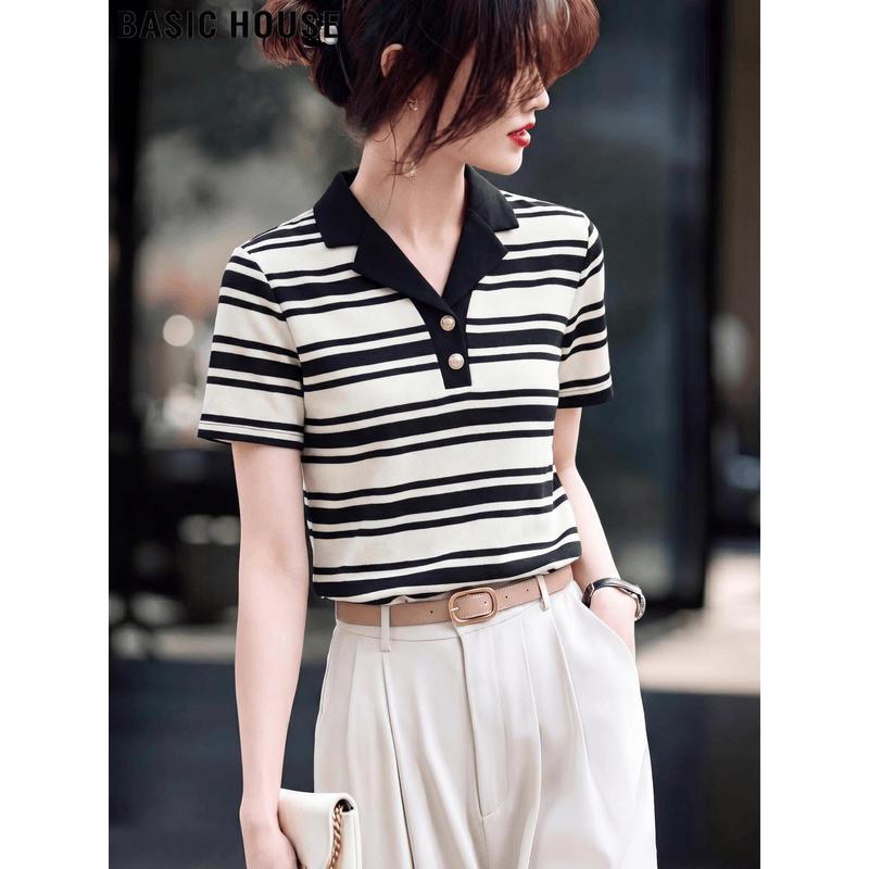 Basic House Women s Striped Polo Neck Short Sleeve T-Shirt M